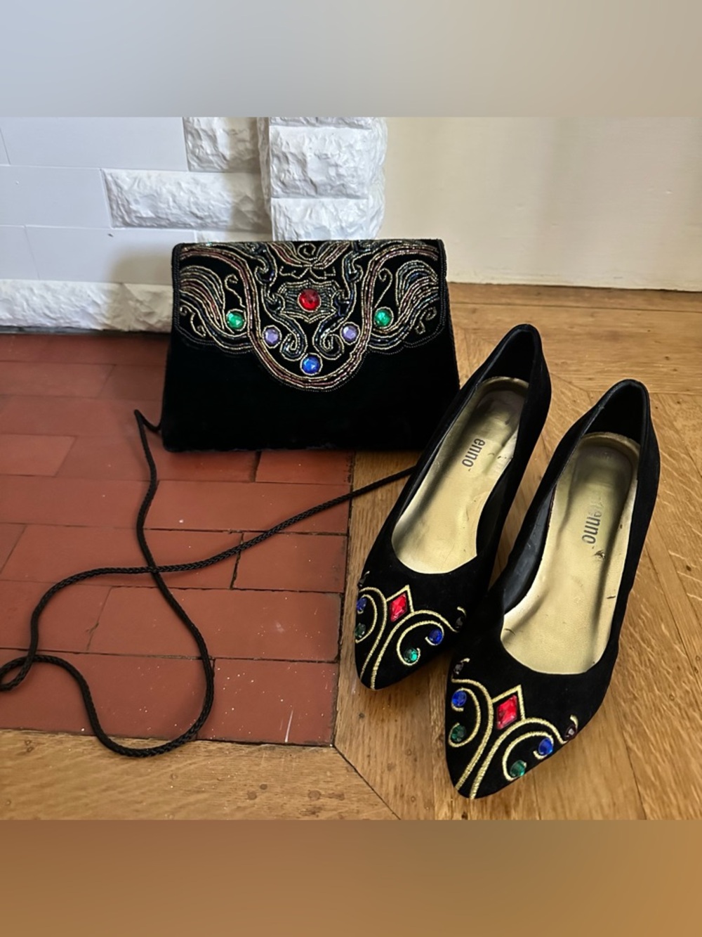 Embroidered Gemmed Black Velvet Evening Clutch and Matching Heels